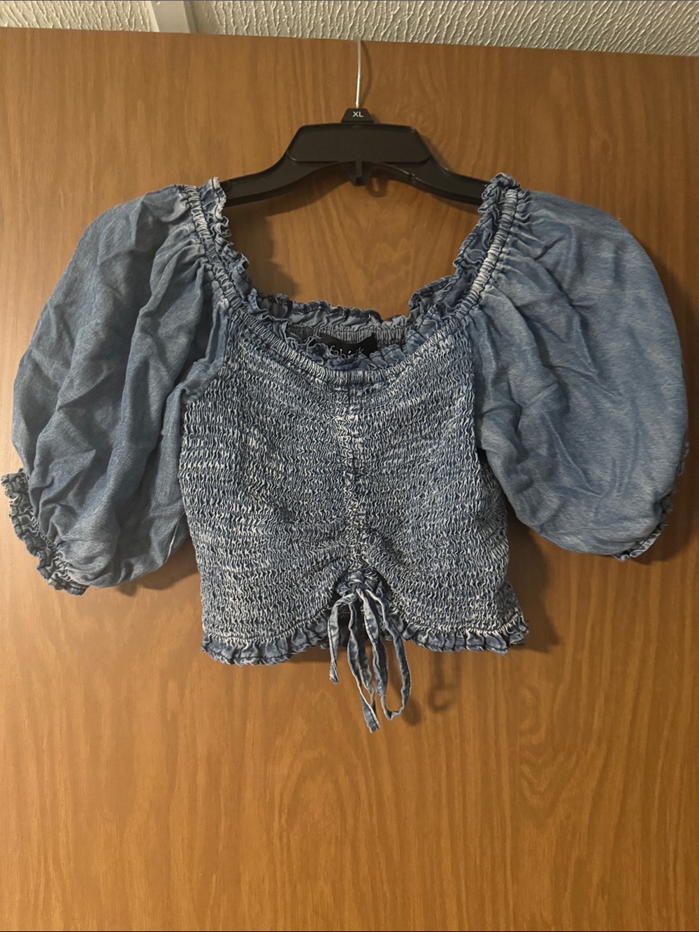 fab'rik Blue Smocked Puff-Sleeve Crop Top